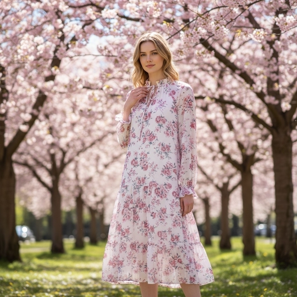 Altar'd State White Floral Dress With Ruffle Neckline And Sleeves